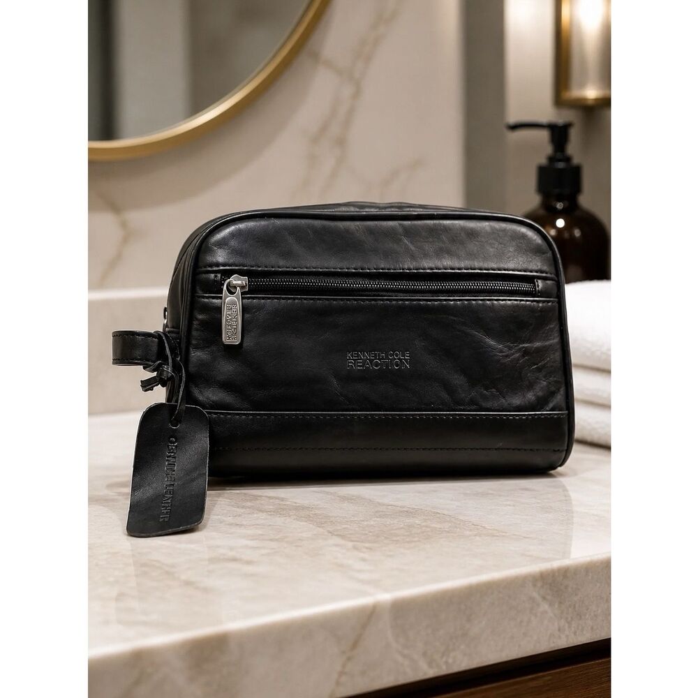 BLACK LEATHER TOILETRY CASE BY KENNETH COLE